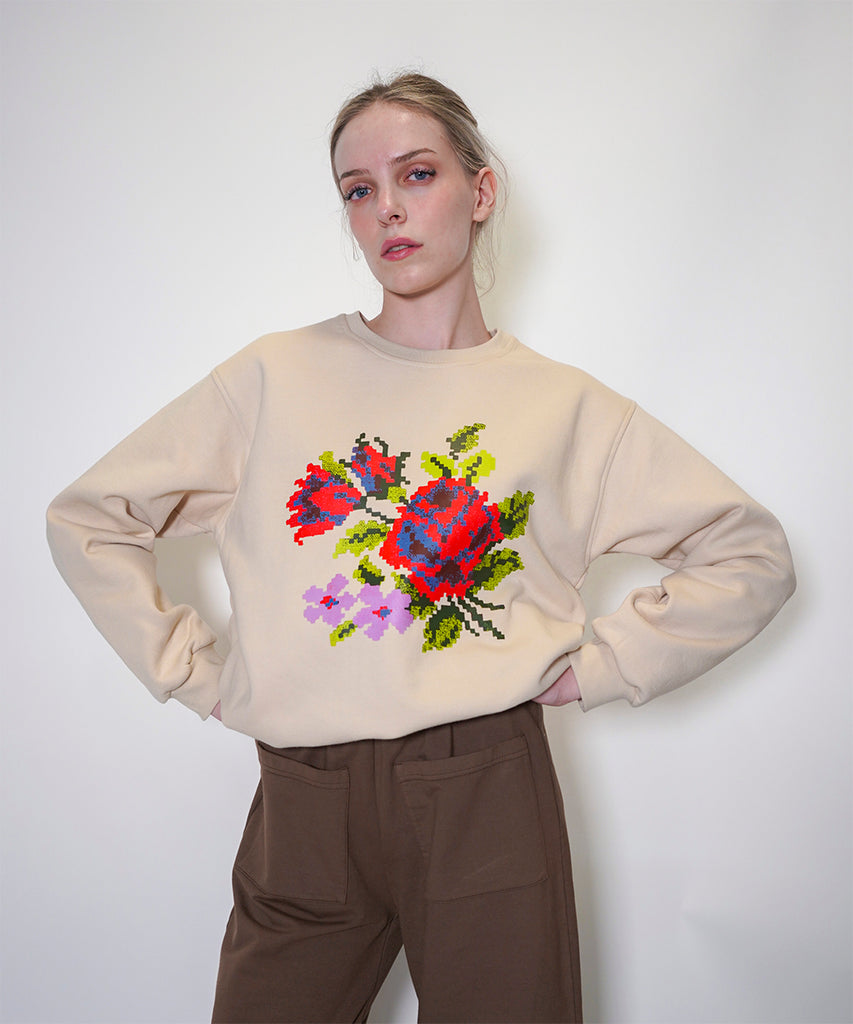 oversized cotton sweatshirt pixelated floral print drawstring hem