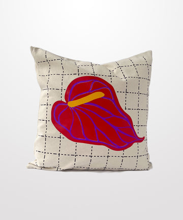 red anthurium check printed natural cotton canvas pillow