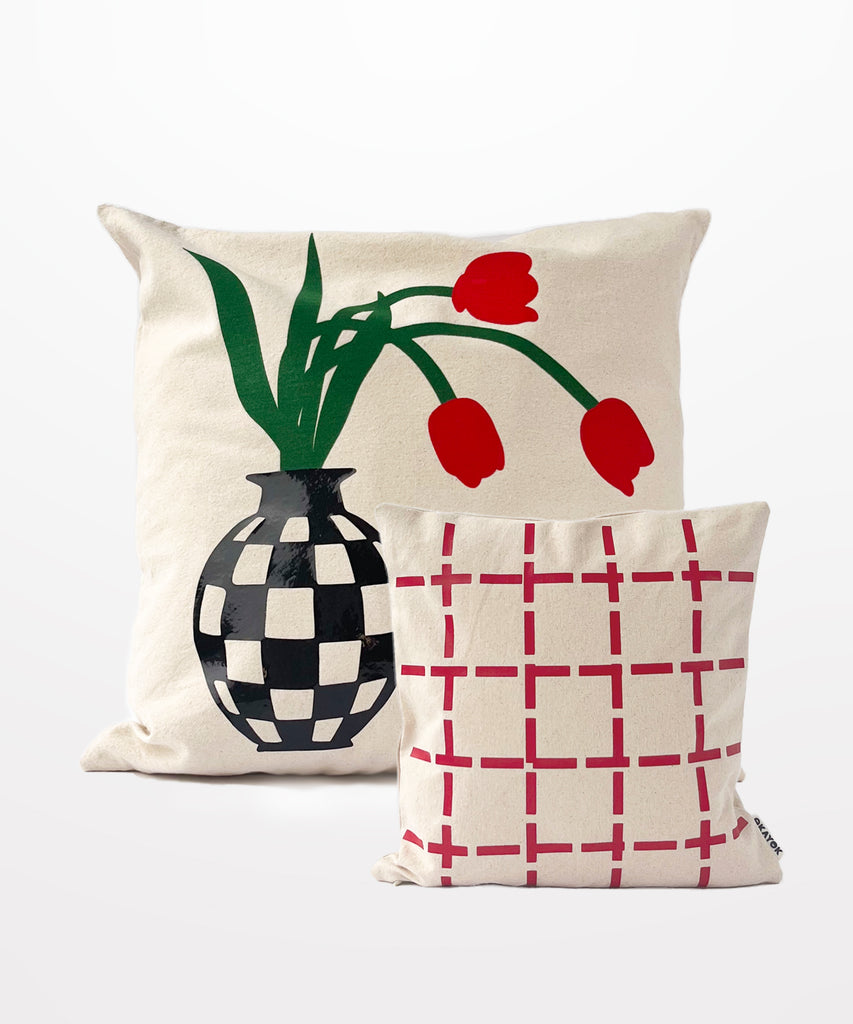red check tulip printed natural cotton canvas pillows