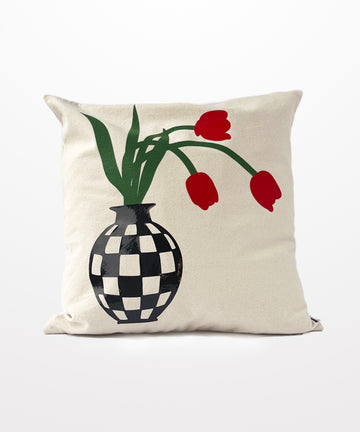 red tulips glossy vase printed natural cotton canvas pillow
