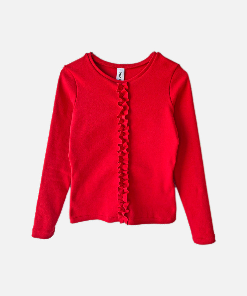 cotton rib red ruffle fitted long sleeve t-shirt
