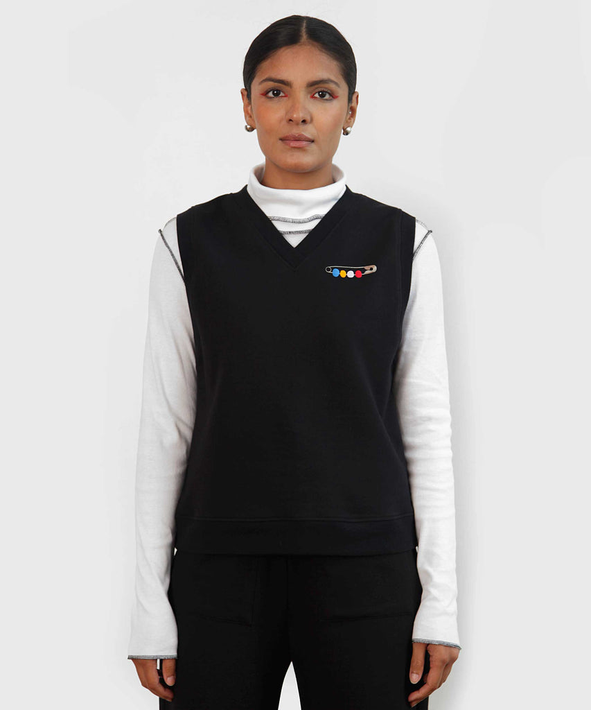 black v-neck cotton fleece vest safety pin print