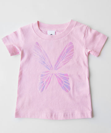 Pink baby tee shimmery blue purple iridescent wings