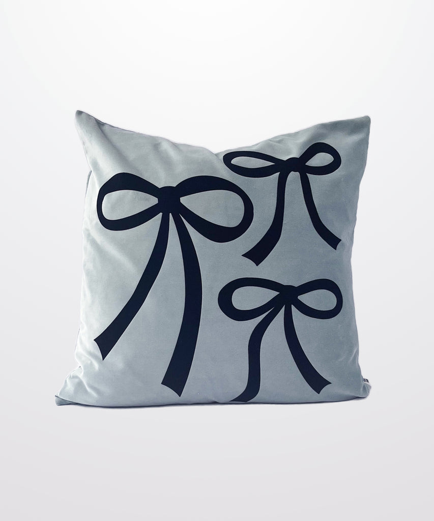 soft blue natural cotton velvet bow graphic pillow