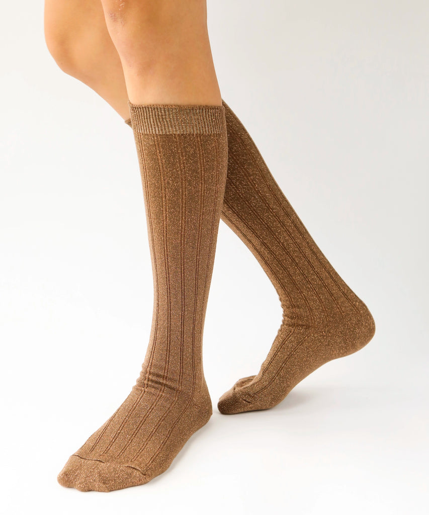 bronze knee high cotton socks with gold metallic shimmer