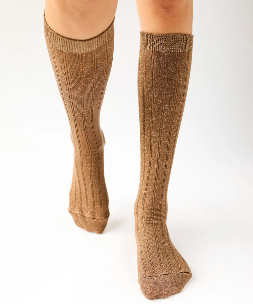 bronze knee high cotton socks with gold metallic shimmer