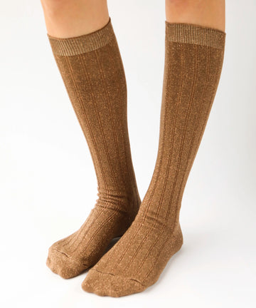 bronze knee high cotton socks with gold metallic shimmer