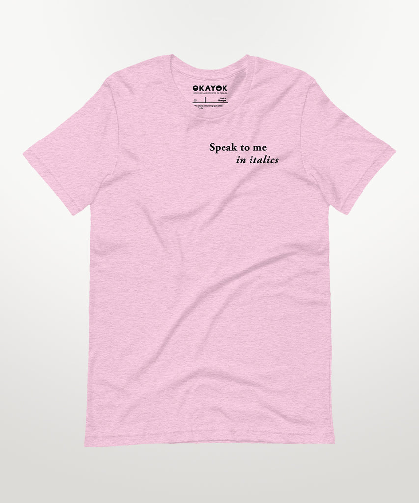 speak to me in italics print t-shirt lilac