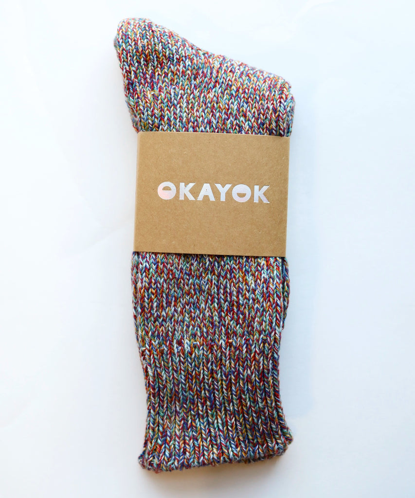 a pair of thick cotton knitted socks in multicolour