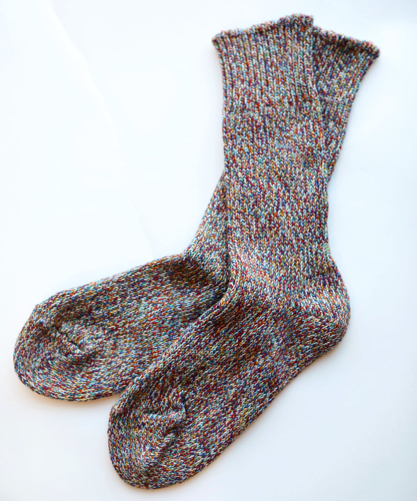 a pair of thick cotton knitted socks in multicolour
