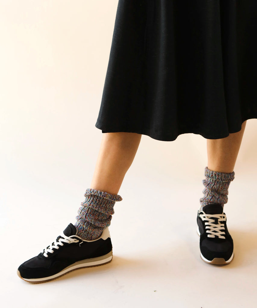 person wearing a pair of thick cotton knitted socks in multicolour
