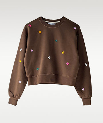 cropped cotton sweatshirt pixel flower brown