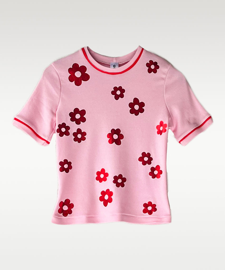 fitted baby rib t-shirt soft pink metallic flower print