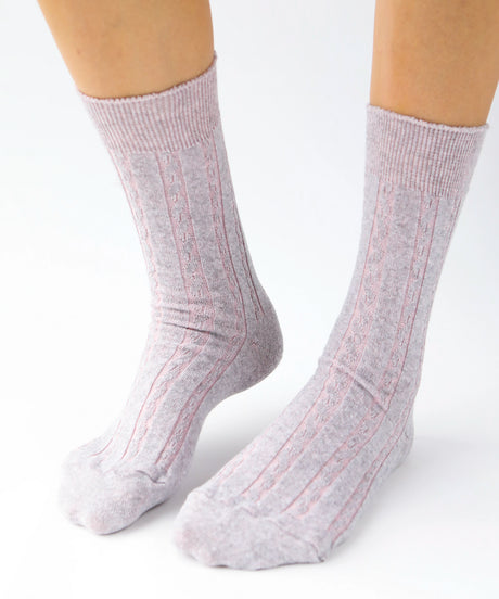 A pair of unisex, lightweight cable dressy cotton knee high socks in light grey with pale pink made in Canada by Toronto brand OkayOk 
