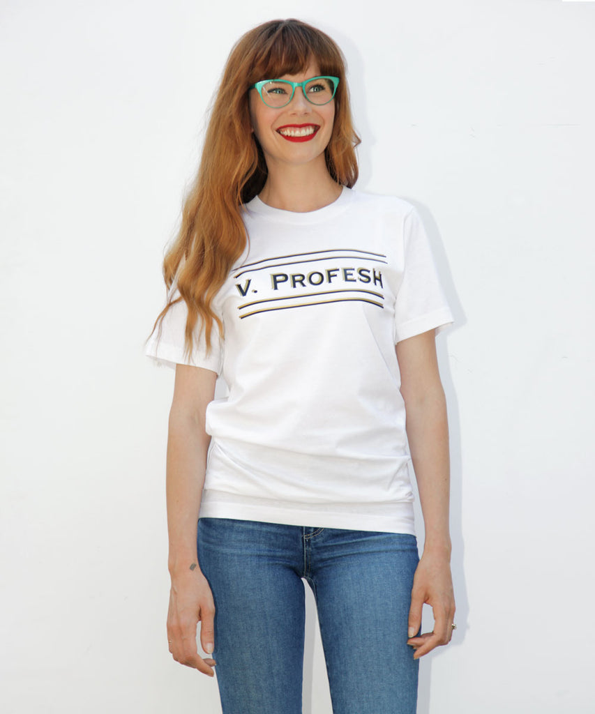 white unisex cotton t-shirt with gold and black vinyl graphic