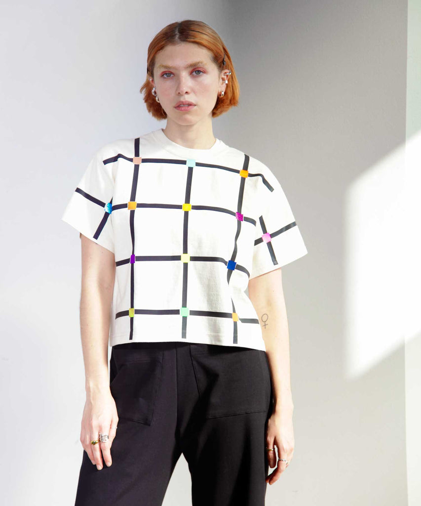 Natural boxy cotton tee with a colourful windowpane print