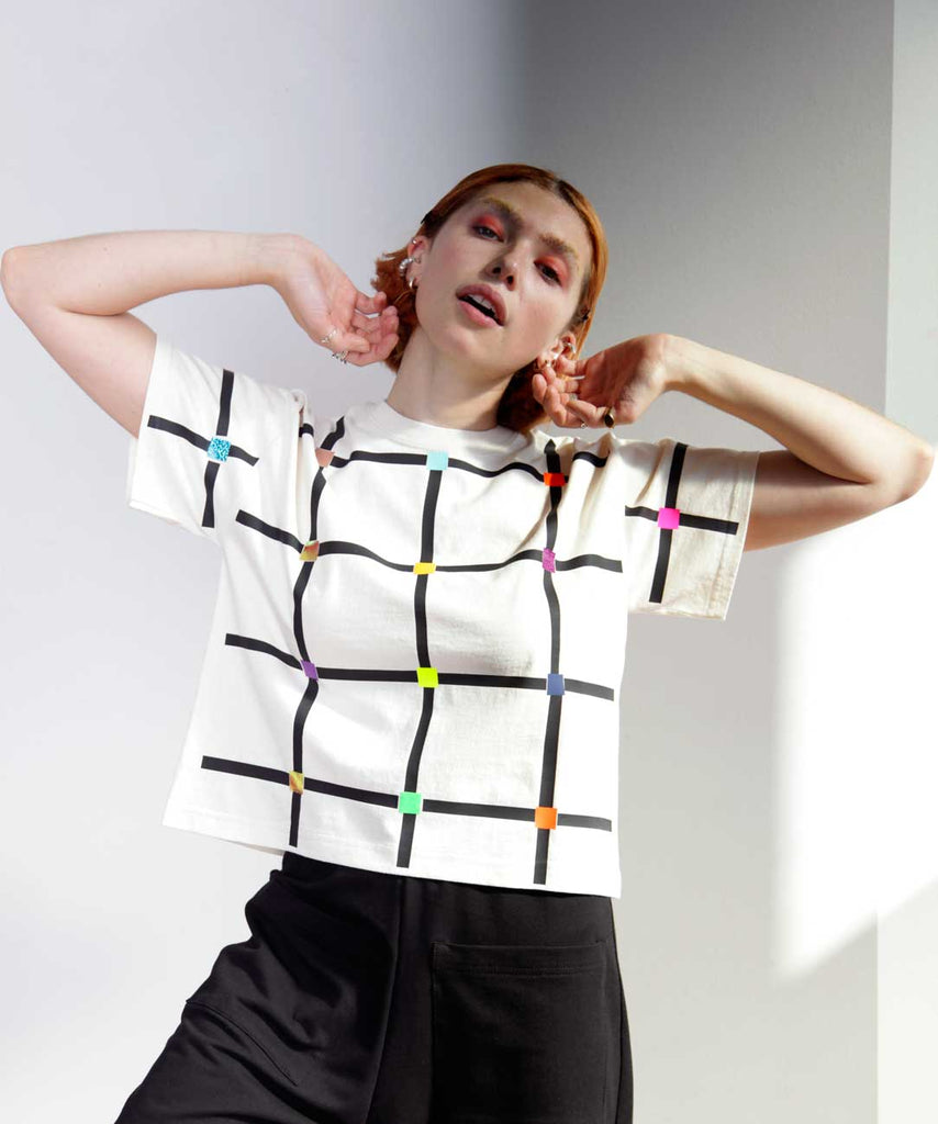 Natural boxy cotton tee with a colourful windowpane print