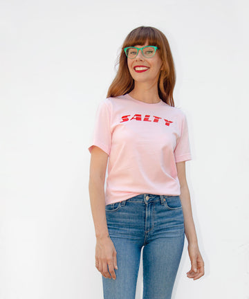 pink unisex ringspun cotton tee with salty graphic