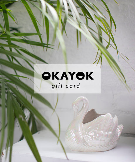 An OKAYOK gift card displayed in front of a white background with a decorative plant to the left. The gift card has the OKAYOK logo printed on it.