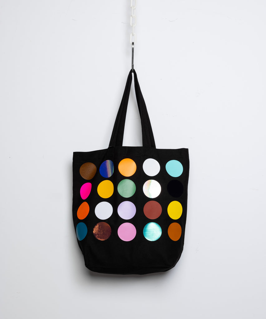 Black cotton canvas tote bag with polka print